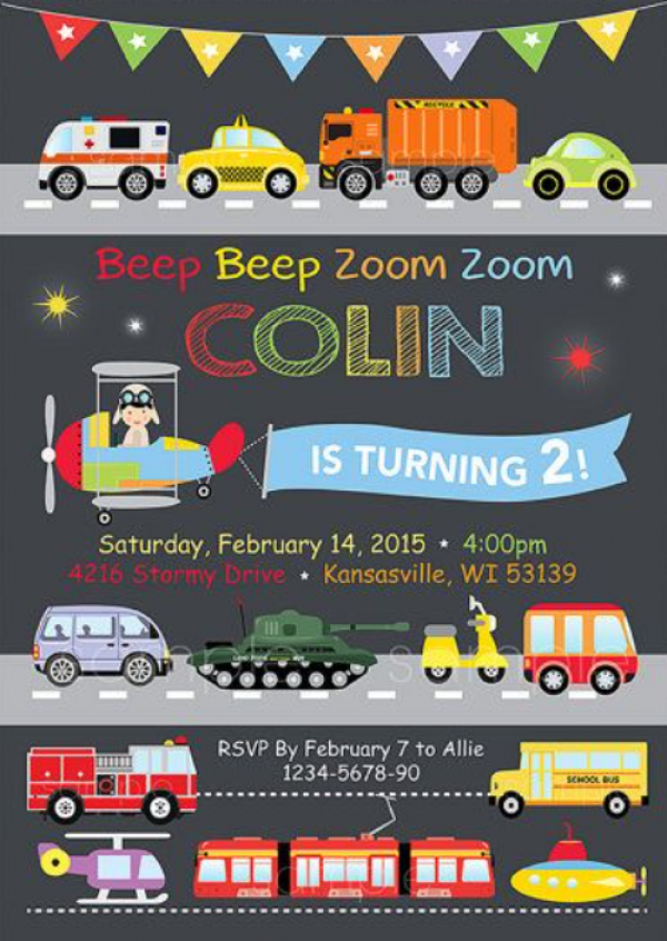 Desain undangan dengan gambar alat transportasi